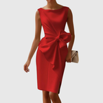Load image into Gallery viewer, Elegant Red Satin Midi Dress for Women with Bateau Neck Sleeveless Bow Waist Formal Wedding Guest Style