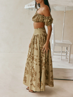 Load image into Gallery viewer, Women's Green Floral Print Matching Set Off Shoulder Puff Sleeve Maxi Skirt