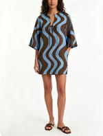 Load image into Gallery viewer, Women's Wave Print Mini Dress Collared Elbow Sleeve Button Front