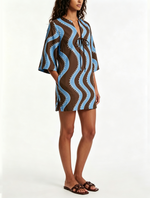 Load image into Gallery viewer, Women's Wave Print Mini Dress Collared Elbow Sleeve Button Front