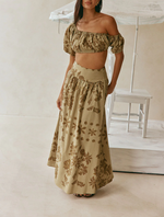 Load image into Gallery viewer, Women's Green Floral Print Matching Set Off Shoulder Puff Sleeve Maxi Skirt