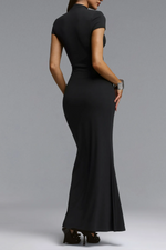 Load image into Gallery viewer, Women's Black Bodycon Maxi Dress Mandarin Collar Keyhole Cap Sleeve High Slit Style