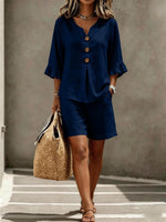 Load image into Gallery viewer, Women's Linen Two Piece Set V Neck Button Front Ruffle Sleeve Shorts Style