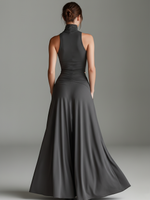 Load image into Gallery viewer, Women's Gray Maxi Dress Turtleneck Halter Cutout Waist Ruched Skirt Sleeveless Formal Style
