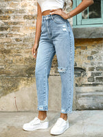 Load image into Gallery viewer, Women's Blue Relaxed Mom Jeans High Waist Distressed Tapered Leg