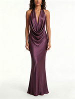 Load image into Gallery viewer, Women's Purple Satin Maxi Dress Cowl Neck Halter Backless Formal Wedding Guest Style