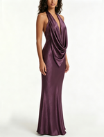 Load image into Gallery viewer, Women's Purple Satin Maxi Dress Cowl Neck Halter Backless Formal Wedding Guest Style