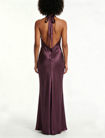 Load image into Gallery viewer, Women's Purple Satin Maxi Dress Cowl Neck Halter Backless Formal Wedding Guest Style