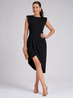 Load image into Gallery viewer, Women's Midi Dress Round Neck Cap Sleeve Shoulder Pad Draped Asymmetric Hem Formal Style