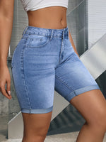 Load image into Gallery viewer, Women's Blue Denim Shorts High Waist Stretch Bermuda Button Detail Slim Fit Style