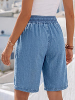 Load image into Gallery viewer, Women's Light Blue Denim Bermuda Jean Shorts Elastic Drawstring Waist Wide Leg