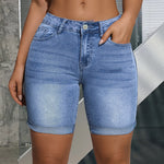 Load image into Gallery viewer, Women's Blue Denim Shorts High Waist Stretch Bermuda Button Detail Slim Fit Style