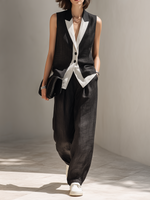 Load image into Gallery viewer, Women's Black Two Piece Set Contrast Trim Vest Top Wide Leg Pants Tailored Style