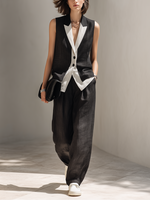 Load image into Gallery viewer, Women's Black Two Piece Set Contrast Trim Vest Top Wide Leg Pants Tailored Style