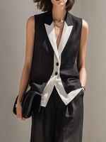 Load image into Gallery viewer, Women's Black Two Piece Set Contrast Trim Vest Top Wide Leg Pants Tailored Style