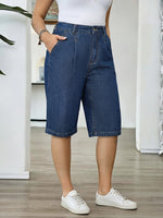 Load image into Gallery viewer, Women's Blue Denim Bermuda Jean Shorts High Waist Pleated Wide Leg