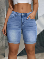 Load image into Gallery viewer, Women's Blue Denim Shorts High Waist Stretch Bermuda Button Detail Slim Fit Style