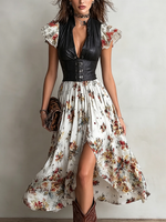 Load image into Gallery viewer, Women's Floral Midi Dress Deep V Neck Corset Waist Puff Sleeve High Slit Style