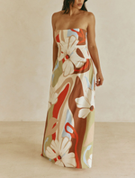 Load image into Gallery viewer, Women's Beige Floral Maxi Dress Strapless Bodice Summer Style