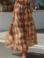 Load image into Gallery viewer, Women's Brown Halter Maxi Dress Twist Neck Belted Waist Geometric Print Flowy Style