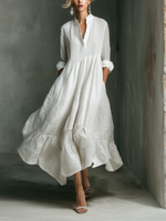 Load image into Gallery viewer, Women's White Maxi Dress Stand Collar Button Placket Long Sleeve Tiered Linen Casual Style
