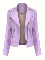 Load image into Gallery viewer, Women's Leather Moto Jacket Notch Lapel Zip Front Studded Shoulder