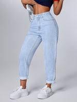 Load image into Gallery viewer, Women's Light Blue Relaxed Mom Jeans High Waist Tapered Cuffed Hem