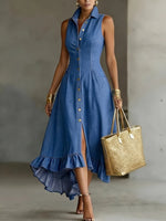Load image into Gallery viewer, Women's Blue Denim Dress Collar Sleeveless Button Front High Low Ruffle Style