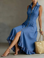 Load image into Gallery viewer, Women's Blue Denim Dress Collar Sleeveless Button Front High Low Ruffle Style