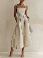 Load image into Gallery viewer, Women's Apricot Maxi Dress Square Neck Sleeveless Contrast Piping a Line Style