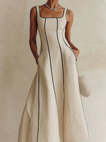 Load image into Gallery viewer, Women's Apricot Maxi Dress Square Neck Sleeveless Contrast Piping a Line Style