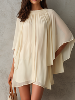 Load image into Gallery viewer, Women's Beige Mini Dress Cape Sleeves Gathered Neckline