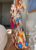 Load image into Gallery viewer, Women's Beige Floral Print Two Piece Set Tie Front Shirt and Maxi Skirt