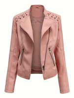 Load image into Gallery viewer, Women's Leather Moto Jacket Notch Lapel Zip Front Studded Shoulder