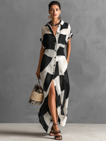 Load image into Gallery viewer, Stylish Black and White Shirt Dress for Women with Lapel Collar Color Block Button Front Short Sleeve Linen Casual Maxi Style