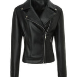 Load image into Gallery viewer, Women's Leather Moto Jacket Notch Lapel Asymmetric Zip Front Fitted Style