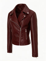 Load image into Gallery viewer, Women's Leather Moto Jacket Notch Lapel Asymmetric Zip Front Fitted Style