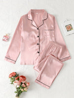 Load image into Gallery viewer, Comfortable Satin Pajamas for Women with Collar Button Front Piping Trim