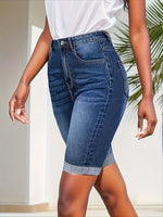 Load image into Gallery viewer, Women's Blue Denim Shorts High Waist Rolled Cuff Bermuda Slim Fit Casual Style