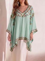 Load image into Gallery viewer, Women's Poncho Shirt V Neck Embroidered Trim Draped Kaftan Style