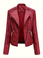 Load image into Gallery viewer, Women's Leather Moto Jacket Notch Lapel Zip Front Studded Shoulder