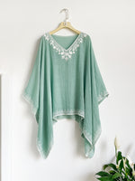 Load image into Gallery viewer, Women's Poncho Shirt V Neck Embroidered Trim Draped Batwing Style