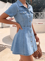 Load image into Gallery viewer, Women's Deep Blue Denim Jacket Button-Front A-Line Fitted Flared Hem