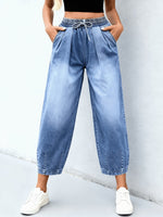 Load image into Gallery viewer, Women's Light Blue Relaxed Barrel Jeans Elastic Waist Drawstring Cuffed Hem