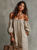 Load image into Gallery viewer, Women's Striped Linen Maxi Dress Off Shoulder Puff Sleeve Flowing Casual Summer Style