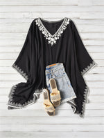Load image into Gallery viewer, Women's Poncho Shirt V Neck Embroidered Trim Draped Batwing Style