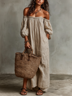 Load image into Gallery viewer, Women's Striped Linen Maxi Dress Off Shoulder Puff Sleeve Flowing Casual Summer Style
