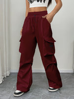 Load image into Gallery viewer, Women's Burgundy Cargo Pants Drawstring Waist Pocket Style