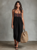 Load image into Gallery viewer, Stylish Black Dress for Women with Floral Embroidered Bodice Square Neck Sleeveless Casual Midi Style