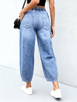 Load image into Gallery viewer, Women's Light Blue Relaxed Barrel Jeans Elastic Waist Drawstring Cuffed Hem